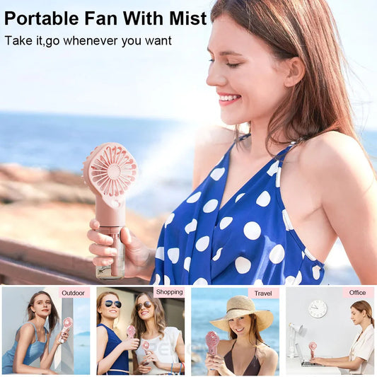 Portable Handheld Spray Fan Mini Humidifier Fan 4 Speeds Powerful Wind USB Rechargeable Water Spray Mist Fan Outdoor Small Fan