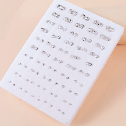 36Pairs/set Mixed Size Silver Color Crystal Stud Earrings Set Women Plastic Stud Earrings Sets For Girl Jewelry Party Gifts