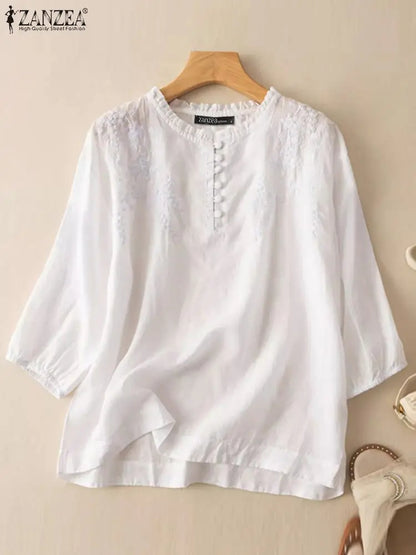 ZANZEA Summer Vintage Shirts Elegant OL Work Blouse Women 3/4 O Neck Sleeve Tops Embroidery Blusas Femme Causal Cotton Chemsie