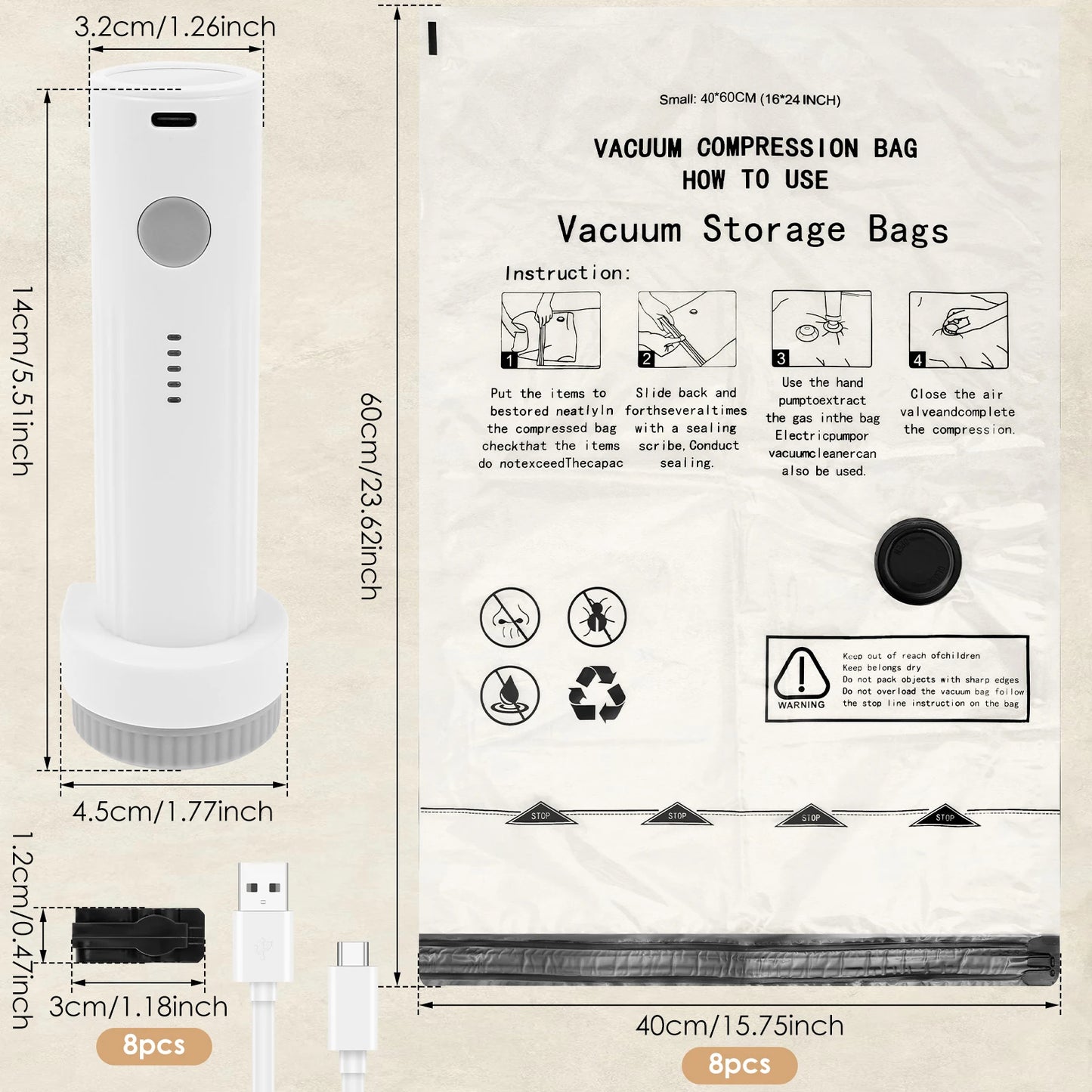 8Pcs Vacuum Storage Bags with USB Electric Pump Rapid Compression Double Zipper Lock Triple Seal Compression Bag for Luggage