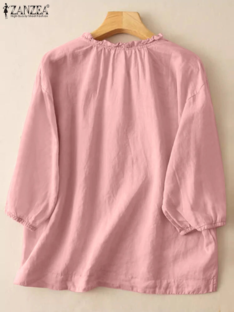 ZANZEA Summer Vintage Shirts Elegant OL Work Blouse Women 3/4 O Neck Sleeve Tops Embroidery Blusas Femme Causal Cotton Chemsie