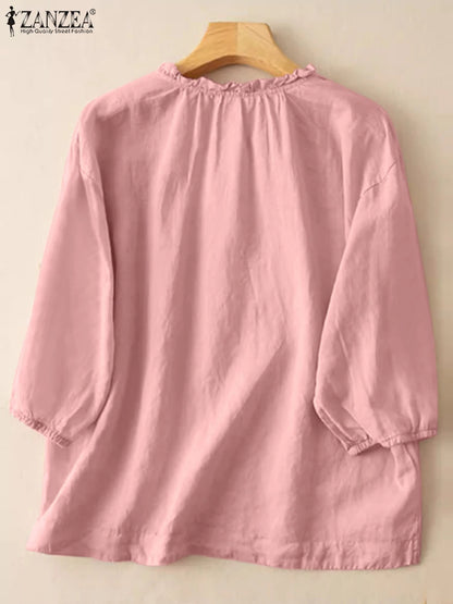 ZANZEA Summer Vintage Shirts Elegant OL Work Blouse Women 3/4 O Neck Sleeve Tops Embroidery Blusas Femme Causal Cotton Chemsie