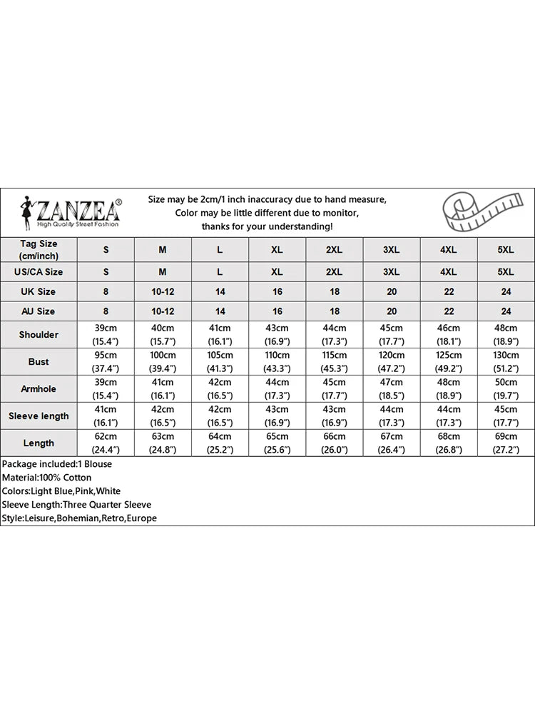 ZANZEA Summer Vintage Shirts Elegant OL Work Blouse Women 3/4 O Neck Sleeve Tops Embroidery Blusas Femme Causal Cotton Chemsie
