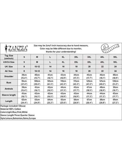 ZANZEA Summer Vintage Shirts Elegant OL Work Blouse Women 3/4 O Neck Sleeve Tops Embroidery Blusas Femme Causal Cotton Chemsie